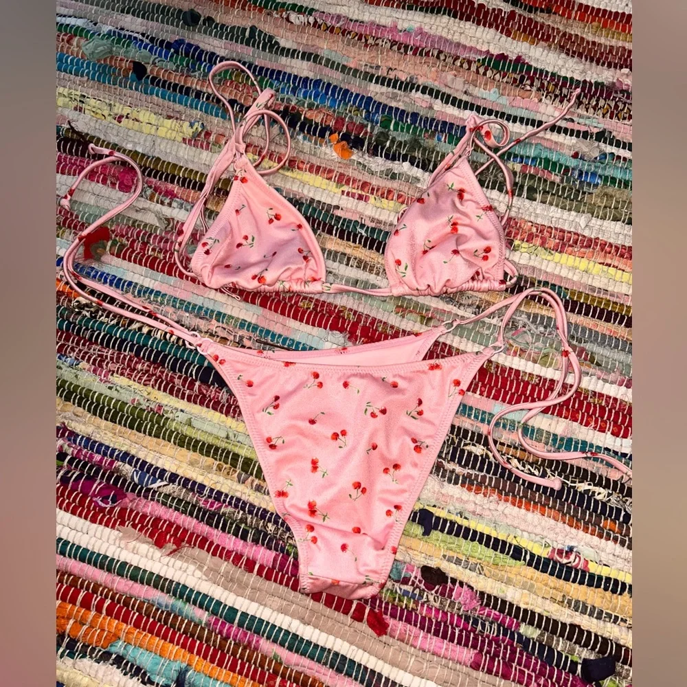 PacSun Pink Cherry Print Bikini Top and Bottoms - Picture 1 of 5